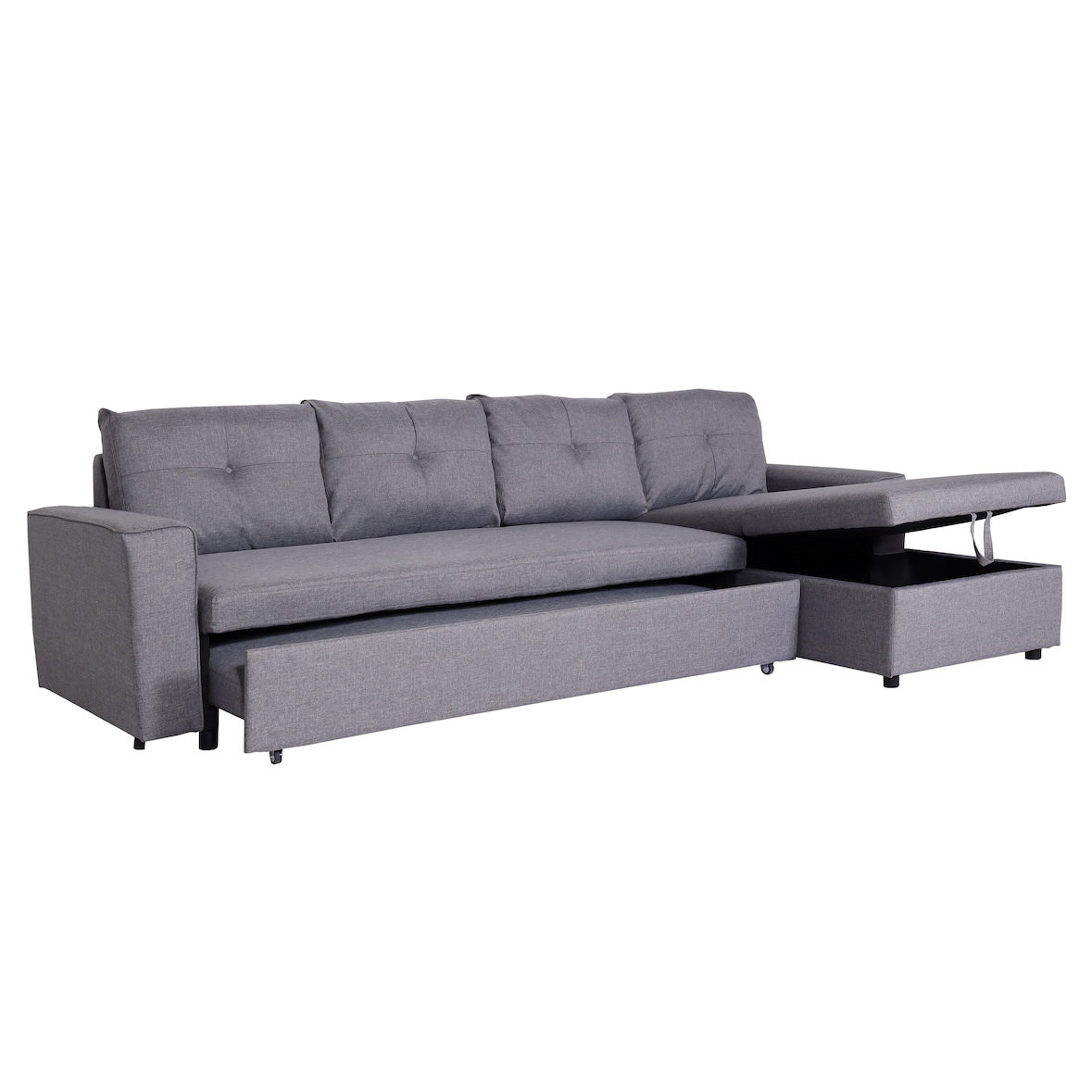 Ecksofa mit Bettkasten HWC-L16, Couch Sofa L-Form, Liegefläche links/rechts Nosagfederung Stoff/Textil 290cm ~ grau