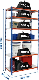 thumbnail of SimonRack Estantería Metálica, 2500x800x300 mm, 6 Alturas, Bandeja Metal, 180 kg de Punto Flexión, Azul/Naranja/Galva - Simonclick