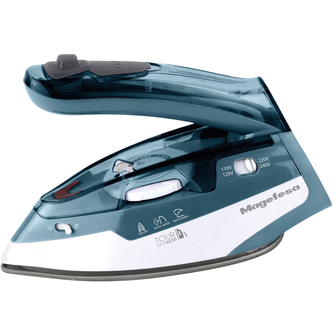 Magefesa Tour - Plancha de Suela Antiadherente, 1100W, Mango Plegable, Selector Voltaje y Temperatura, Planchado en Seco y a Vapor, 9 Orificios