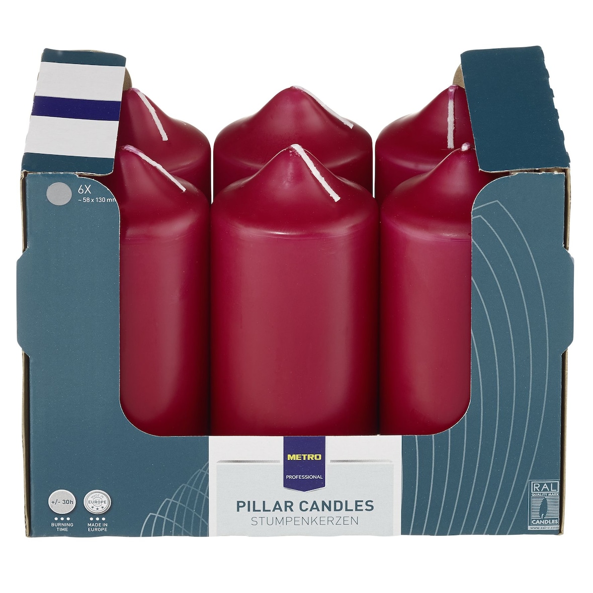 METRO Professional Candela a colonna, 100% paraffina, Ø 68 x 130 mm, durata: 40h (circa), rossa, 6 pezzi