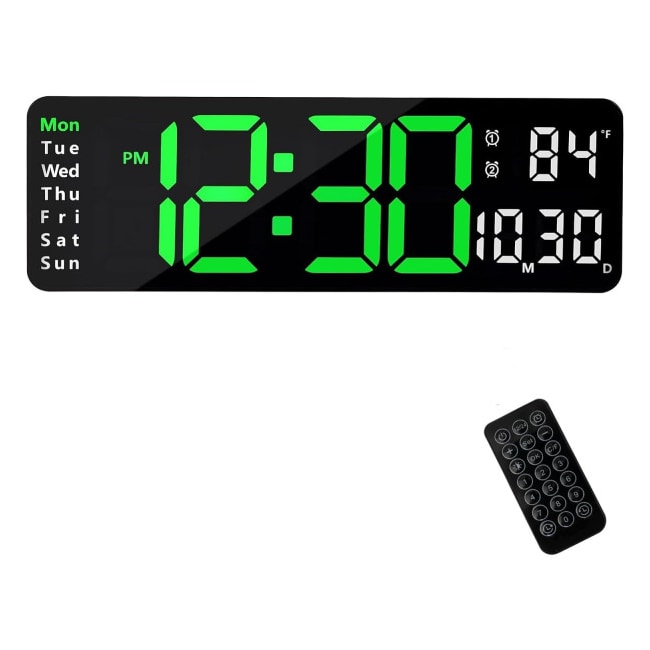 Relógio de parede ou de mesa digital, visor LED de 15 polegadas com comando, indica temperatura e humidade