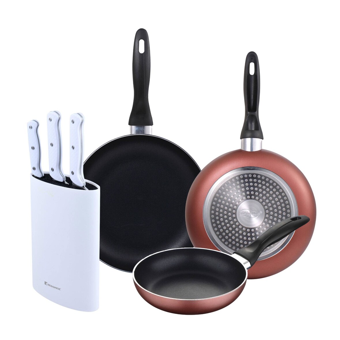 BERGNER - Set di 3 Padelle 16/20/24 cm Induzione in Alluminio Pressato Paradise con Set di 3 coltelli con supporto da parete in acciaio inossidabile