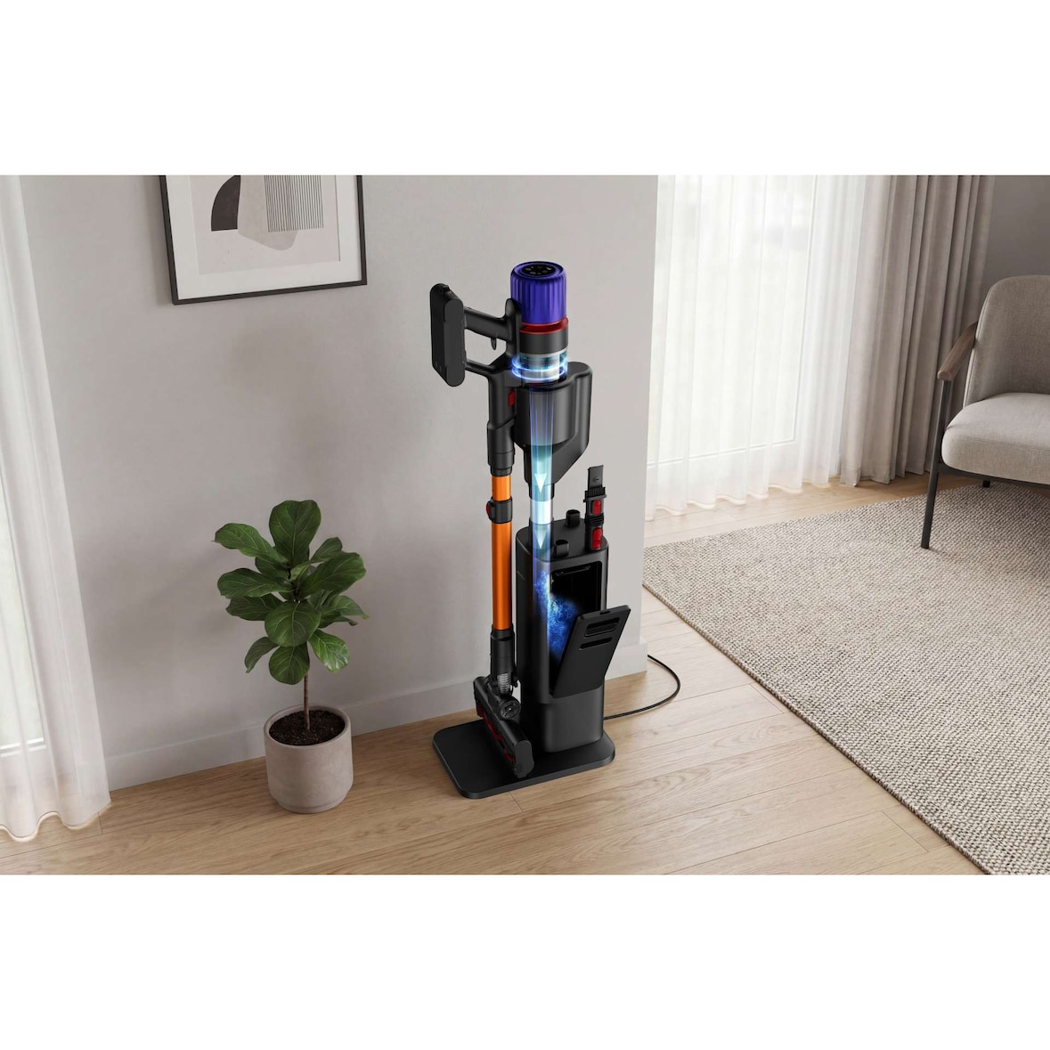 Hyundai Electronics - Draadloze Steelstofzuiger - 155W - Vortex Pro - Met Draaiende Vloerborstel en Oplaad-en Leegstation