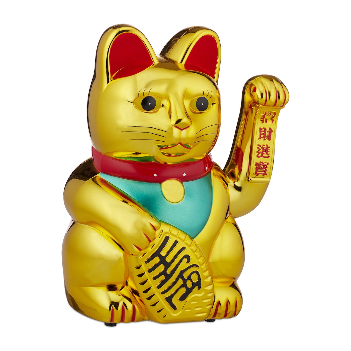 Relaxdays Winkekatze XXL Maneki Neko, batteriebetriebene winkende Pfote, Glücksbringer für Reichtum, Erfolg, 48 cm, gold