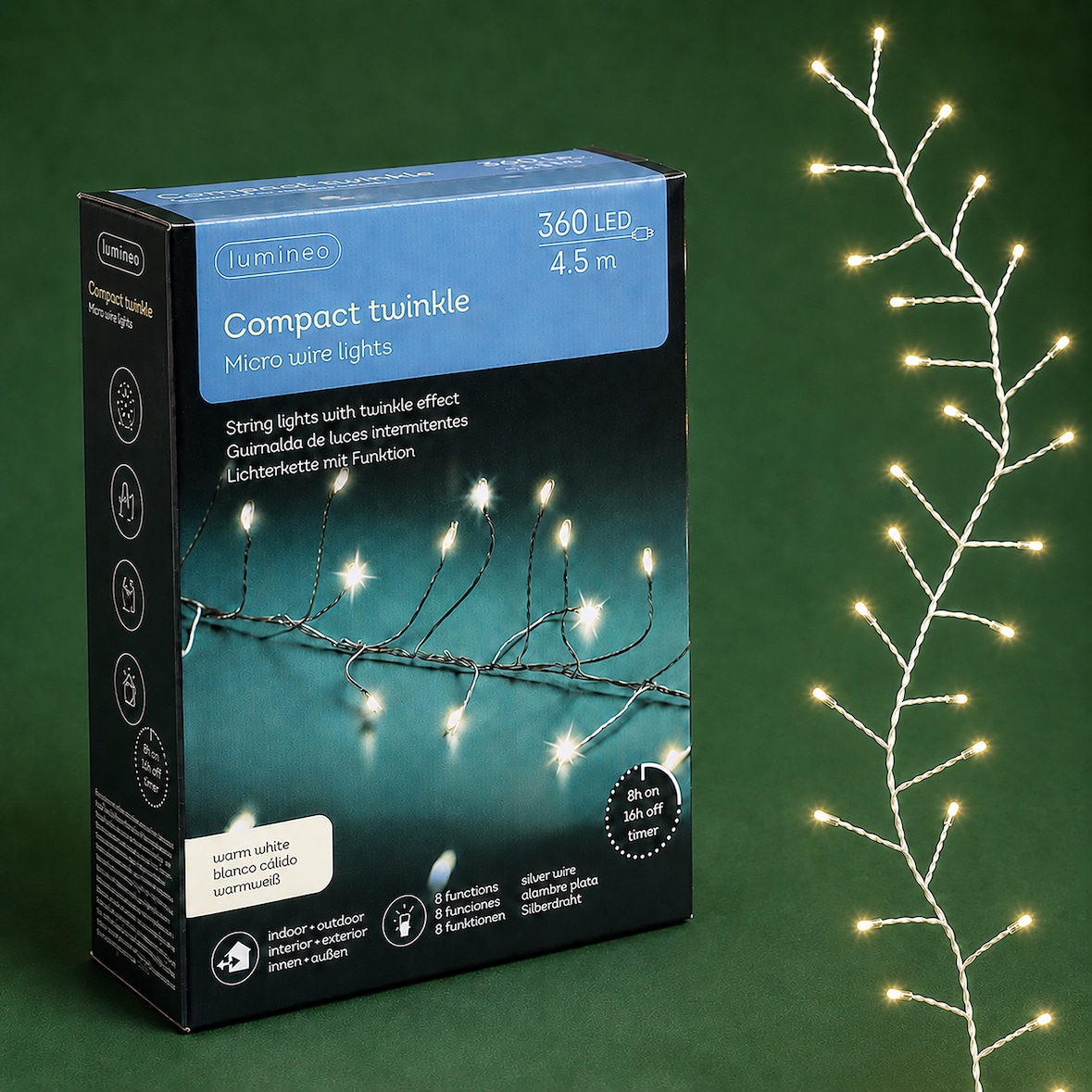 LED Draht Lichterkette 4,5m Twinkle Effekt 8 Funktionen 360 Micro-LEDs Timer 8h Außenbeleuchtung Drahtlichterkette Garten Terrasse Balkon Warmweiß