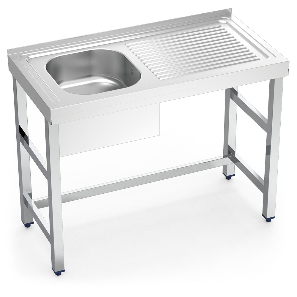 Pia com suporte 1C,ED 1000x500x850 mm. Dimensões da cuba: 420x350x150 mm.