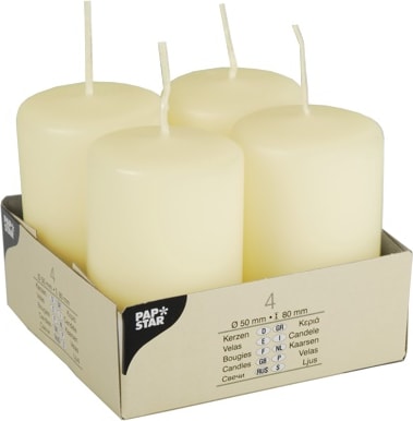 4 Stumpenkerzen Ø 50 mm · 80 mm elfenbein "Ivory" mit Flachkopf