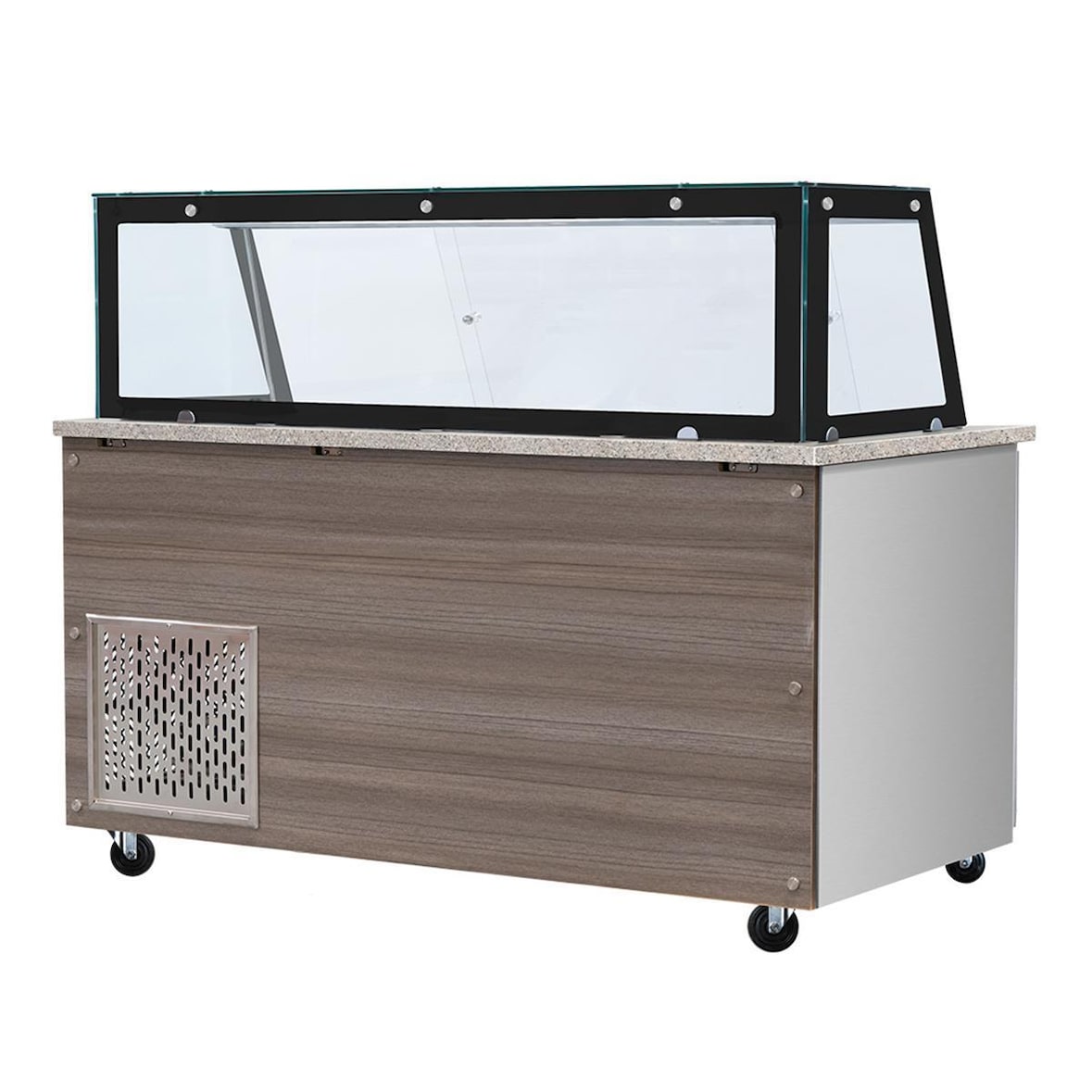Skyrainbow SNACK-lijn, koude toonbank,5xGN1/1, graniet roze-grijs, 188x82x85,5 glasconstructie helder glas zwarte rand,zonder tussenlegplank H=396 mm