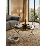 thumbnail of Beistelltisch `Retro-Charme`, schwarze Glasplatte, goldene Beine, 82 cm Durchmesser. 82x82x39 cm | Kadima Design