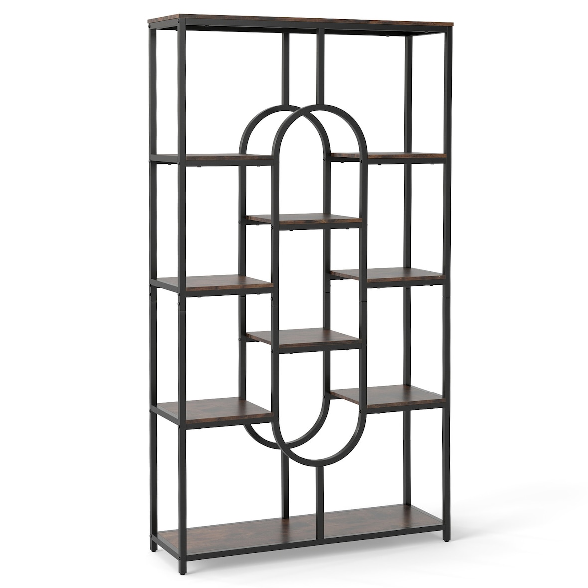 COSTWAY Librería de 5 niveles, estantería independiente abierta, estantería expositora con estructura metálica (marrón y negro, ovalada)