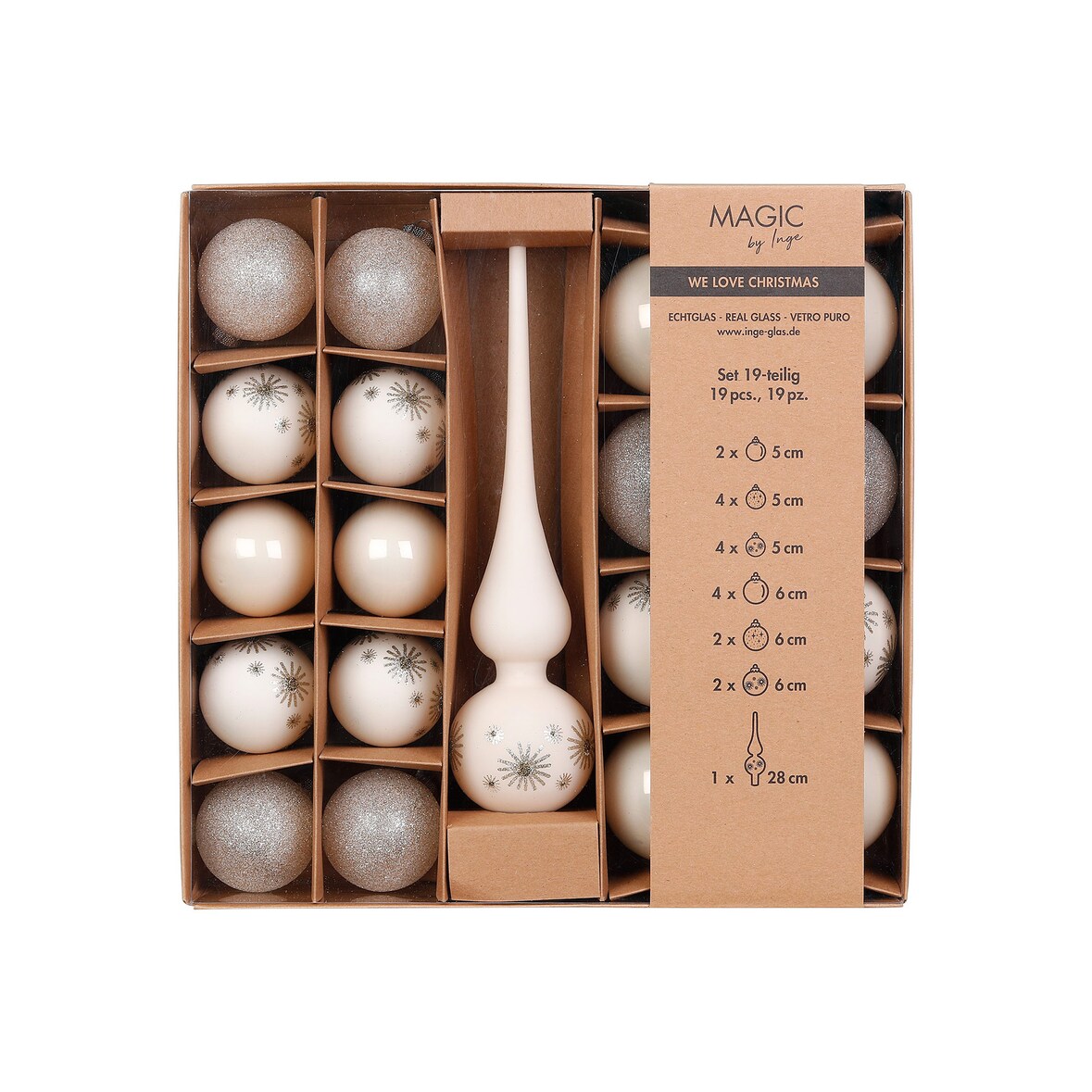 19 Weihnachtskugeln Glas 5-6cm mit Spitze Set Glitzer Motiv Christbaumkugeln Weihnachtsbaumkugeln Christbaumspitze Christbaumschmuck Blanched Almond