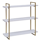 thumbnail of Estante de pared HWC-K78, estante colgante estante flotante, 3 estantes de metal de madera maciza industrial 60x60x18cm ~ blanco, oro metálico