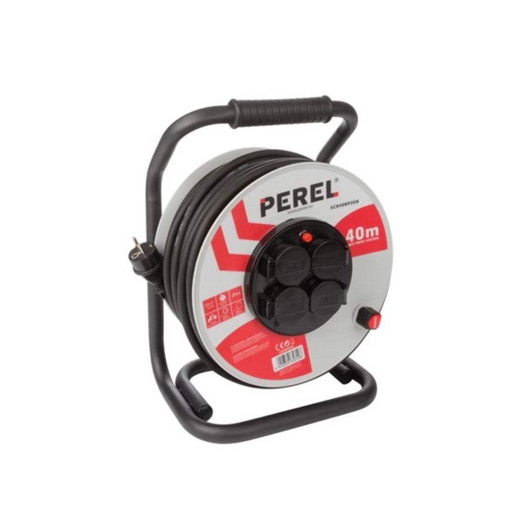 Professionele kabelhaspel, gebruik binnen- en buitenshuis, spatwaterdicht (IP44), 4 stopcontacten met penaarde, kabellengte 40 m, 3G2.5, grijs/zwart
