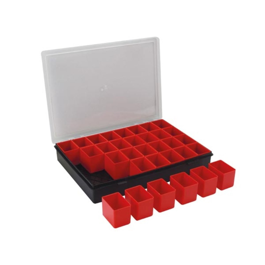 Organizador, 32 tabuleiros amovíveis, tampa transparente, empilhável, 330 x 247 x 54 mm, preto/vermelho