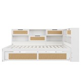 thumbnail of Multifunktionales Schlafsofa 140x200 weiß Massivholz mit Ausziehbett & Stauraum - Inklusive Ladesteckdosen, platzsparendes Gästebett mit Rattan-Design