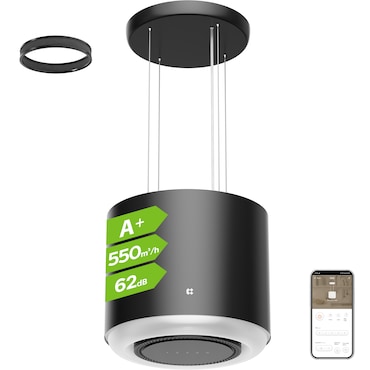 CIARRA A+ Campana extractora de isla de 550 m³/h, suspendida, WiFi, aplicación táctil, 4 niveles, Booster, recirculación, VM4838B