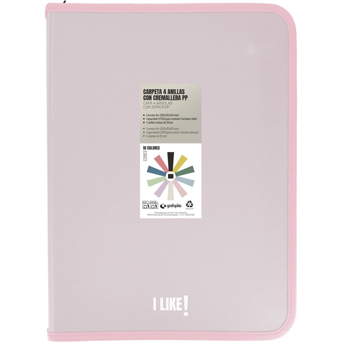 Carpeta de anillas con cremallera A4+ "LIKE3" Rosa soft