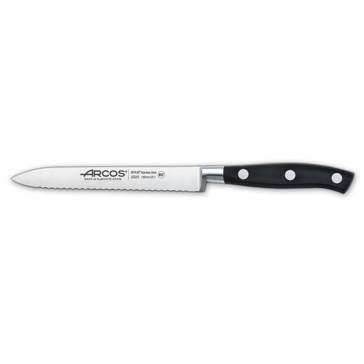 Arcos Cuchillo Tomatero, Hoja de Acero Inoxidable Forjado NITRUM 130 mm, Mango de Polyoxymethylene (POM), Color Negro
