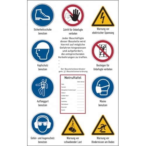 Baustellenschild, Hinweise gem. ISO 7010 + Notruftafel, Alu-Verbund - 400x600x2 mm Aluverbund