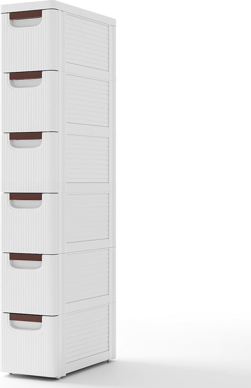 COSTWAY Schmaler Nischen-Schrank mit Rädern, Nischen-Regal 20 cm Breit, Nischen-Wagen mit 6 Schubladen, Badezimmerwagen
