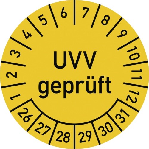 Dreifke® Prüfplakette UVV geprüft 2026 - 2031, Folie, Ø 30 mm, 10 Stück/Bogen