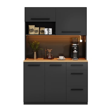 Merax LED buffetkast 120x40x180 cm, hoge keukenkast met werkblad, stopcontact en USB, opbergruimte, koffiestation, zwart