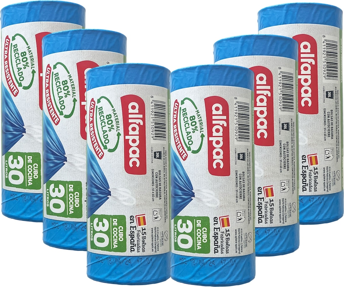 Alfapac - Müllbeutel 30L 55x60cm mit Selbstverschluss, 6 Rollen x 15 Stück (80% Recycelt)