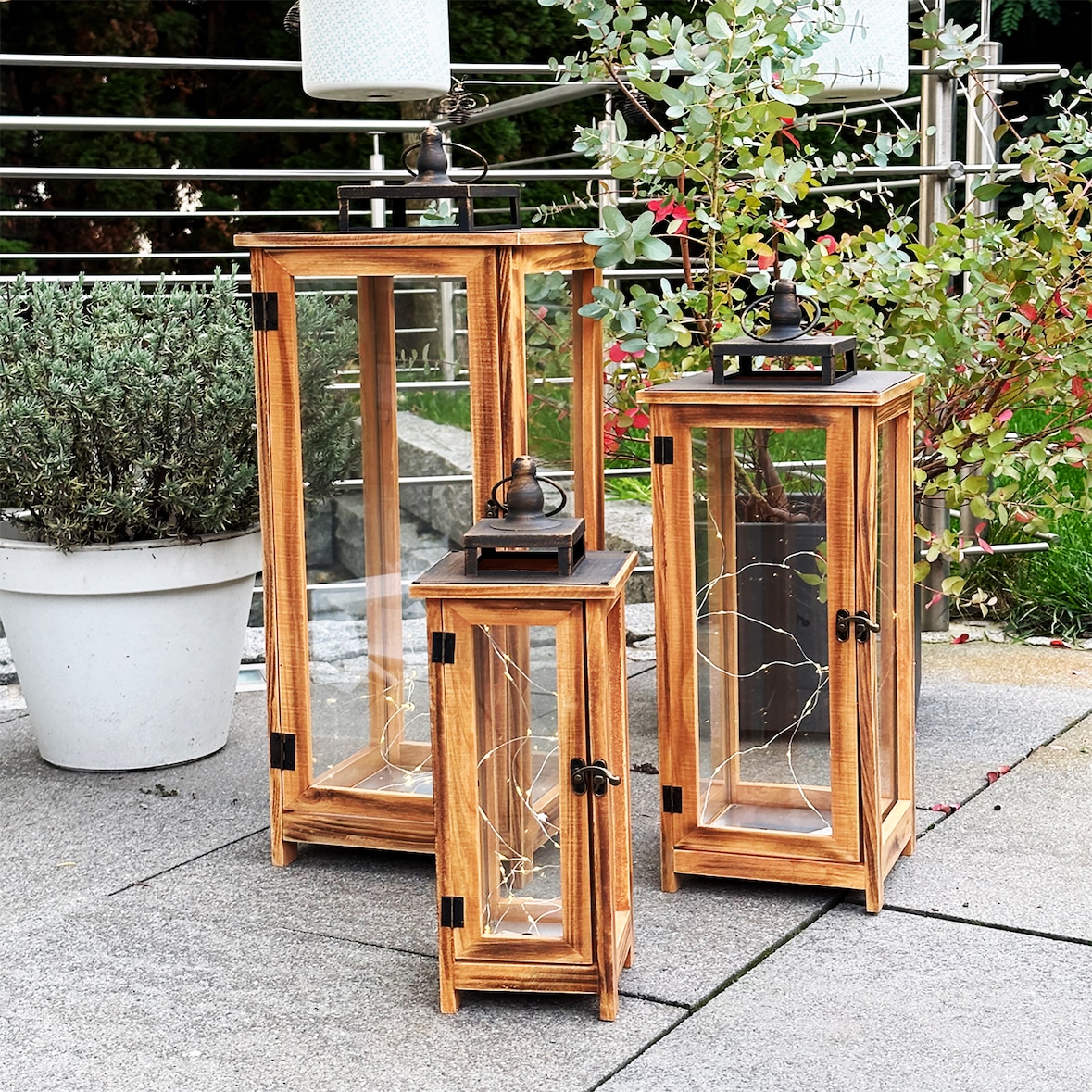 3er XXL Design Holz-Laternen-Set Windlicht Gartenlaterne Edelstahldach