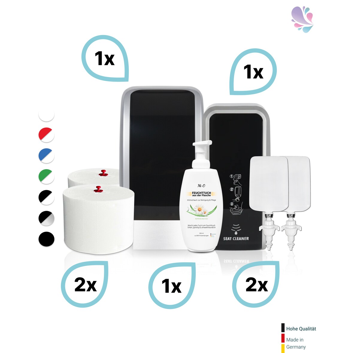 KOMPLETT-SET Toilettenkabine: Toilettenpapierspender + SENSOR Sitzreinigung + Reinigungsschaum + Füllmittel