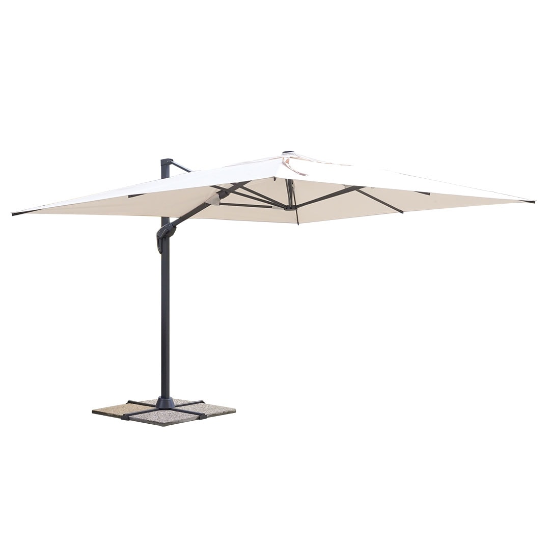 BLUES - Parasol de Jardín Excentrico 3x3 Orientable a 360°- Estructura de Aluminio Inclinable y Retráctil Brazo lateral  - Chimenea Cortaviento