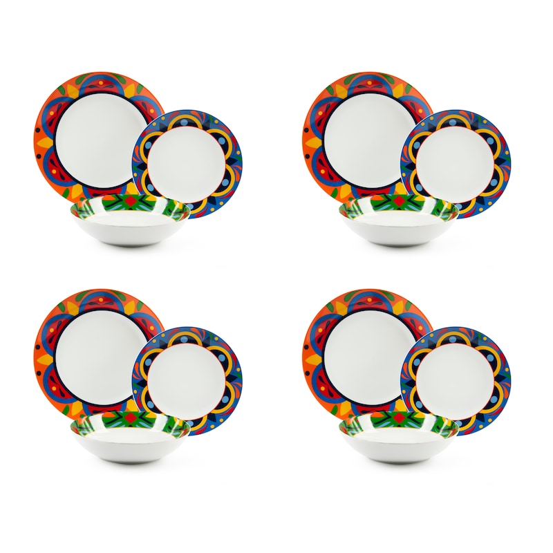 Service De Vaisselle Excelsa Acapulco - 12 Pièces Pour 4 Personnes - Porcelaine Et Grès, Motifs Colorés Mexicains