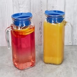 thumbnail of 2x KARO Kühlschrankkrug mit Deckel blau 1L Henkel Glas-Karaffe Kanne Saft Wasser