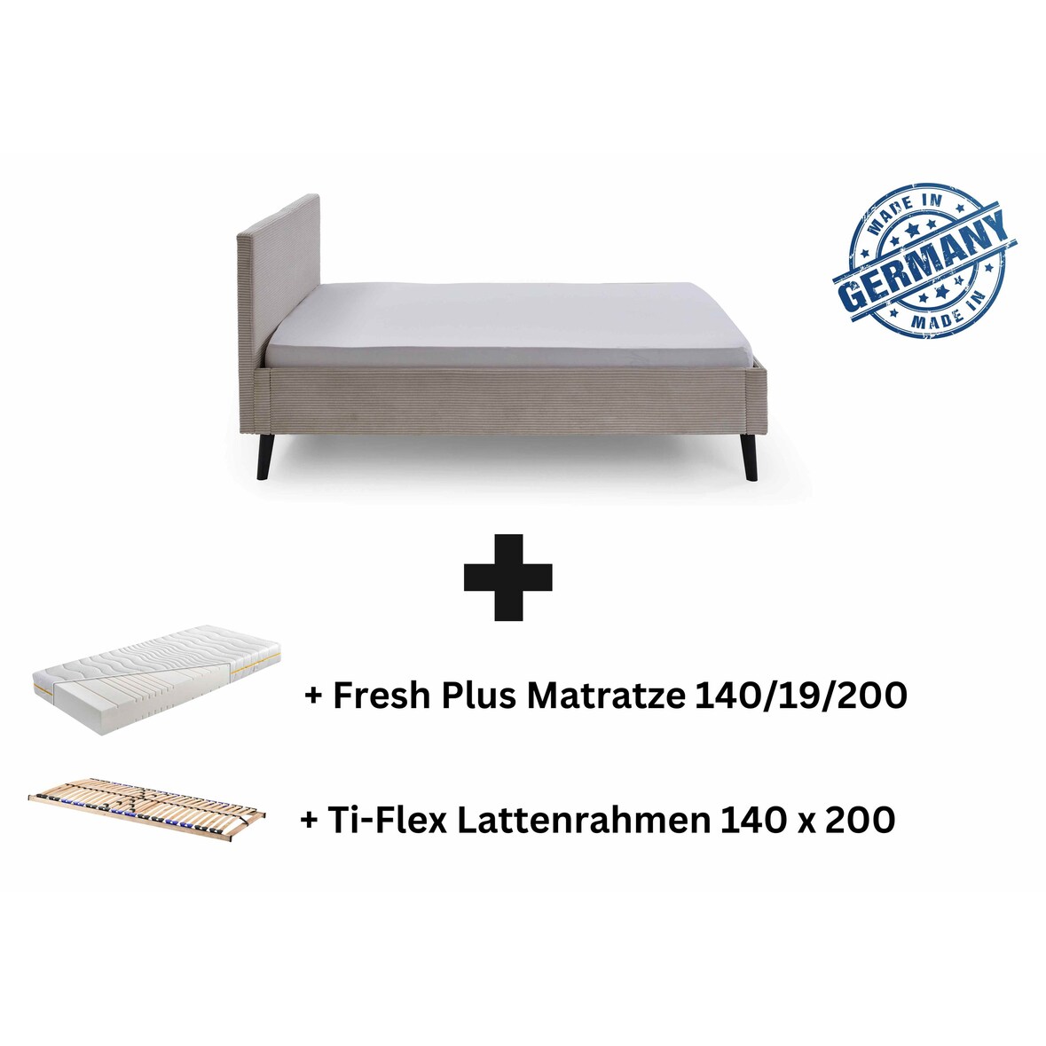 Polsterbett mit Matratze und Lattenrahmen 140x200 Bettgestell Bett Doppelbett mit Kopfteil Beige Made in Germany