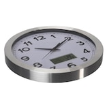 thumbnail of Horloge murale, rond, analogique, 35 cm, écran LCD avec thermomètre, hygromètre et provisions météo, aluminium, argent
