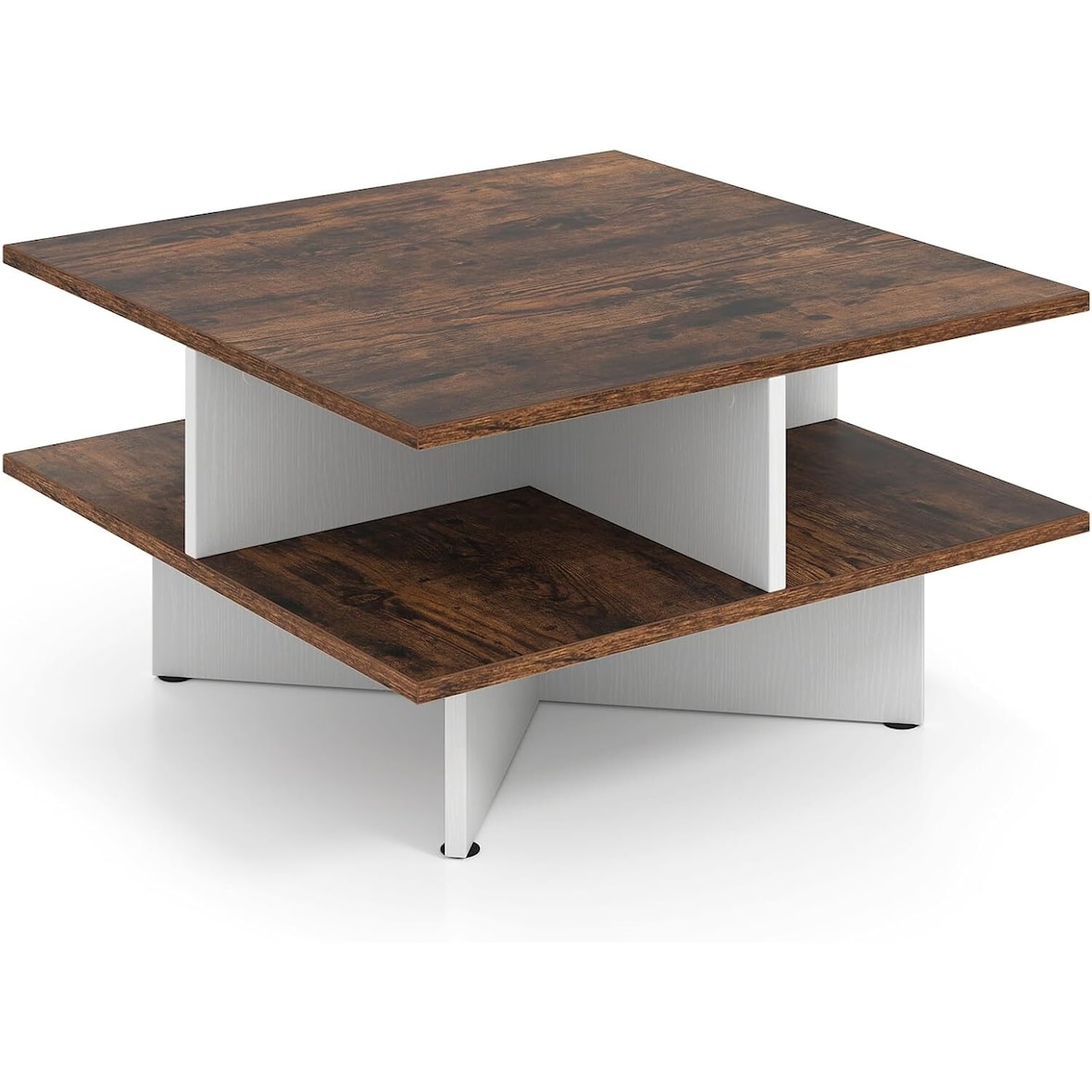 Mesa de café de madeira COSTWAY, mesa de sala de estar quadrada com 4 prateleiras, mesa lateral, mesa de café estilo fazenda