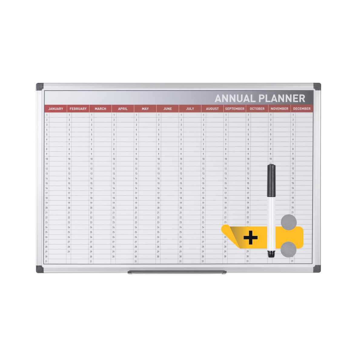 Bi-Office Maya - Quadro Branco Magnético Planificação Anual 365 Dias, com Aro em Alumínio, 90x60cm