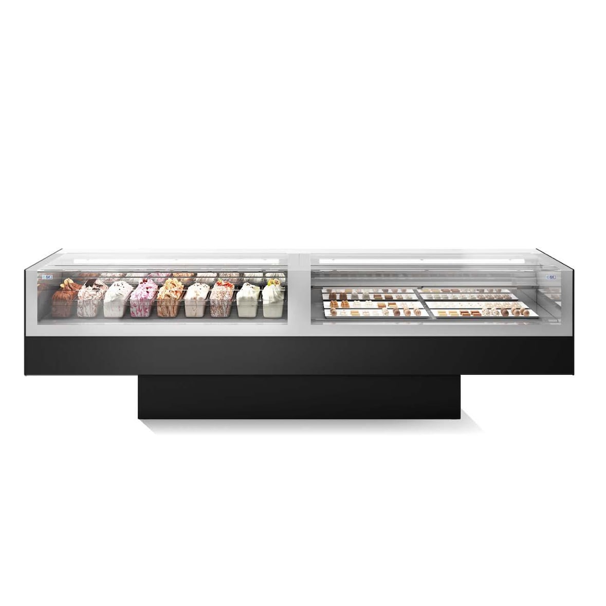 Vitrine réfrigérée à crème glacée gelato et pâtisserie froid ventilé bi-température 120+120x74x96 soit 6+6 bacs de 5 litres  ISA ONESHOW BASE
