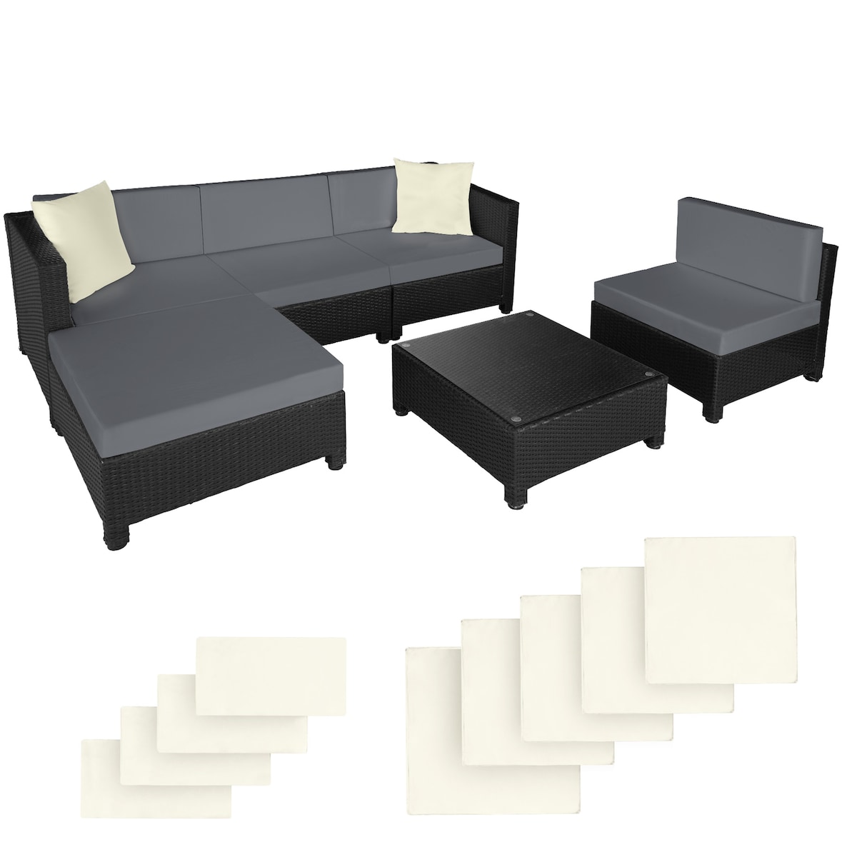 tectake Conjunto de descanso de ratán con estructura de aluminio, incluyendo fundas en 2 colores  Negro