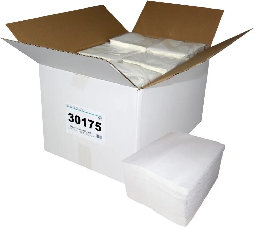 Brotex® Dry Soft 70, Airlaid Wischtücher einseitig geprägt, weiß, 87,5 % Zellstoff, 12,5 % VAT-Binder, ca. 30x38 cm, 24x25=600 Tücher