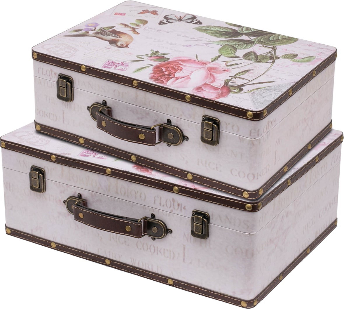 HMF Vintage Deko Koffer aus Holz, Aufbewahrungsbox mit Deckel und Ledergriff, stilvolle Aufbewahrung und Geschenkidee, Rose, 2er Set, 38 + 44 cm