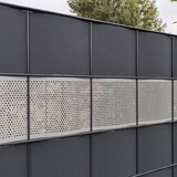 thumbnail of zaun|zu® Sichtschutzstreifen Gelocht Quadrat Muster für Doppelstabmatten Steingrau 50m