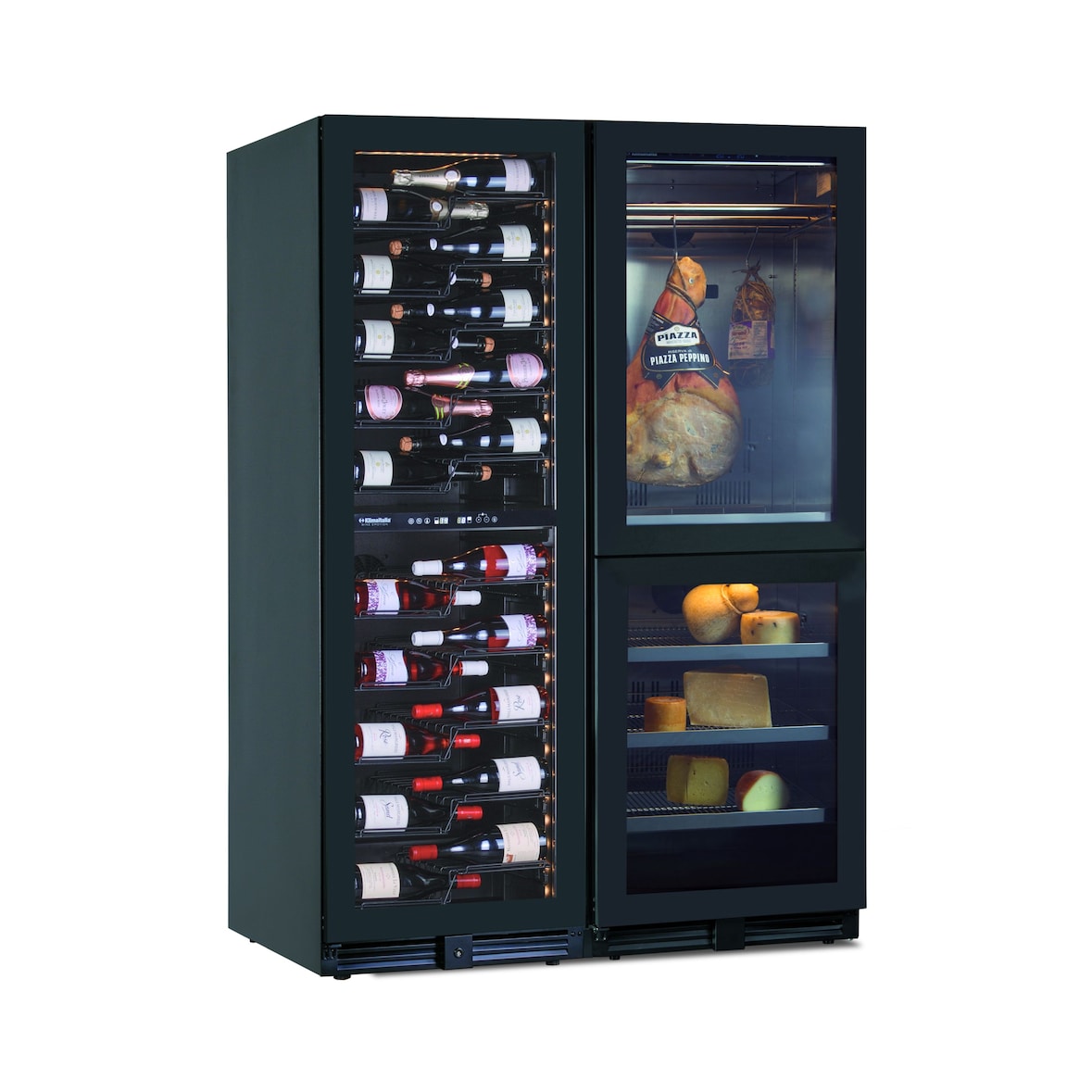 Frigo Combinato 4 zone Vini/Salumi/Formaggi. 116 bottiglie. Barre e ganci salumi. Illuminazione Led. Misure (LxPxH) 121x70x180,4 cm. NORCIA 360-4T
