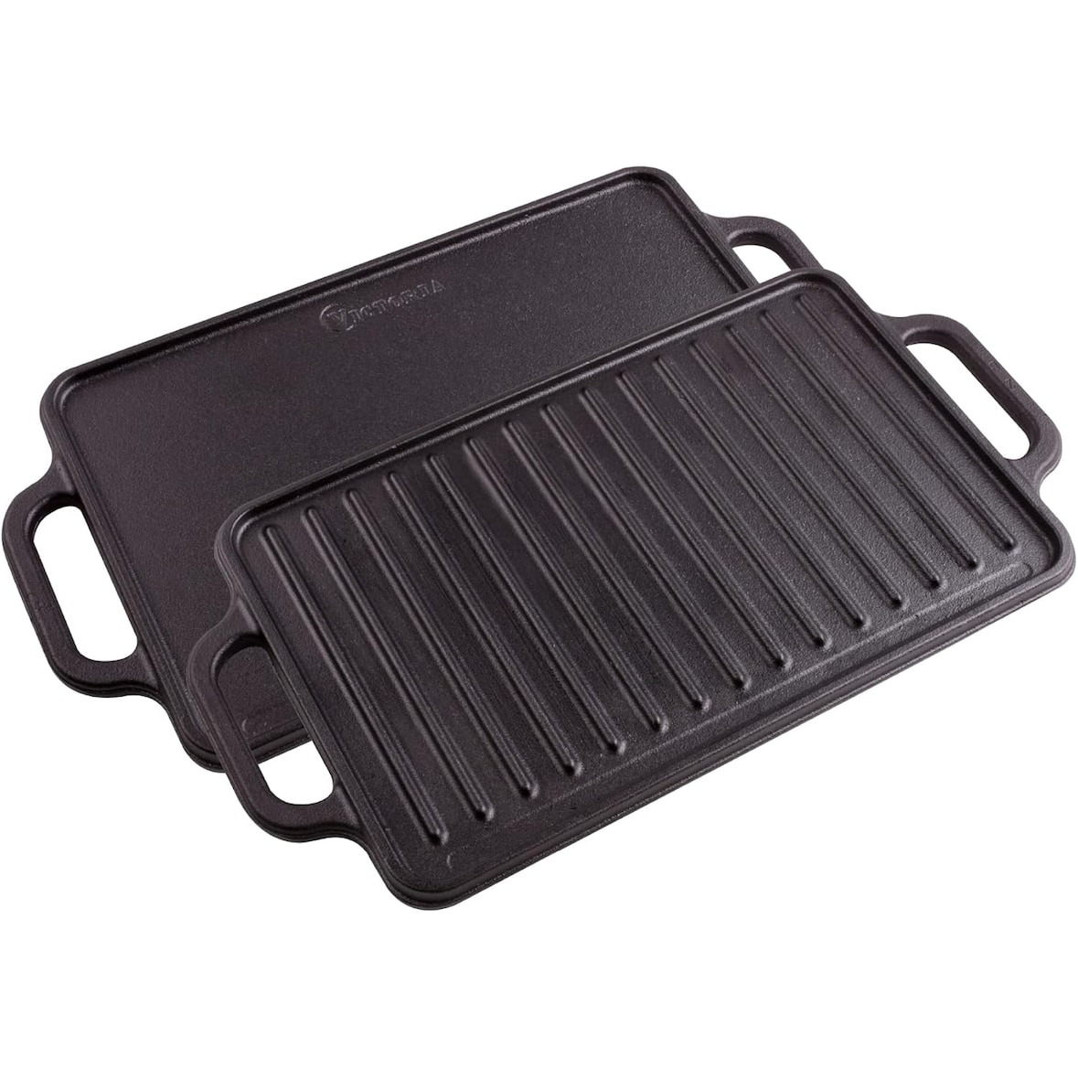 Victoria Plancha Cocina Hierro Fundido Curado Inducción Parrilla Reversible 33X21cm para Fuego Barbacoa, VIC-36058, Negro