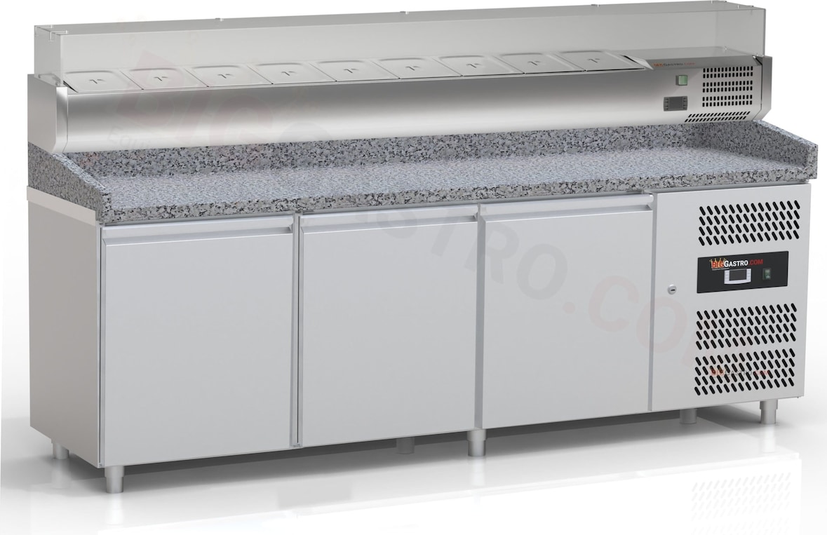 Pizzakühltisch - Pizzatisch mit 3 Türen inkl. Glaskühlaufsatzvitrine für 1/3 GN Behälter - IDEAL graue Granitarbeitsplatte