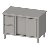 thumbnail of Stalgast Edelstahl Arbeitsschrank mit Schiebetüren, 1800x700x850 mm, mit 2er Schubladenblock links, ohne Aufkantung, verschweißt