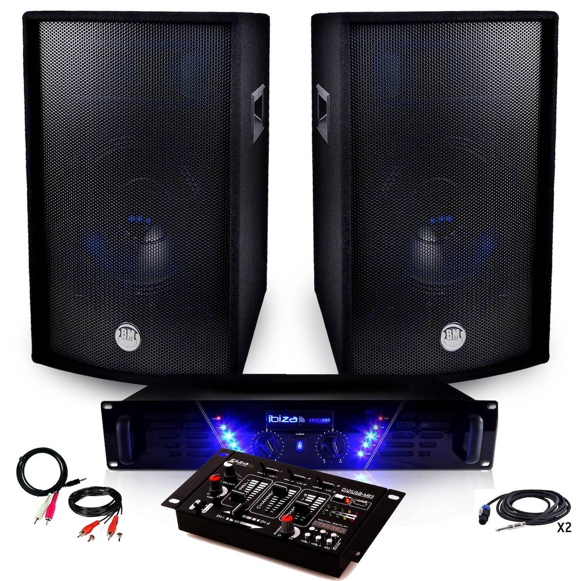 Pack Sono Ampli AMP-300 + HP BMS-12 de 2x600W Table de mix USB + Câbles