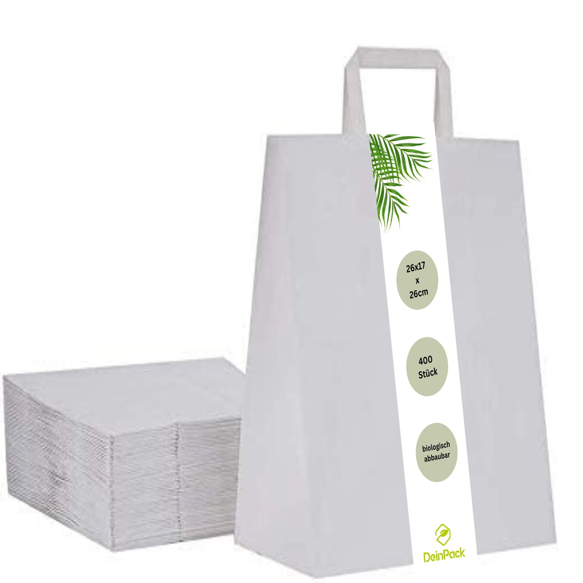 DeinPack Umweltschonende Papier Tragetaschen klein 400 x weiße Papiertragetasche 26 x 17 x 26 cm