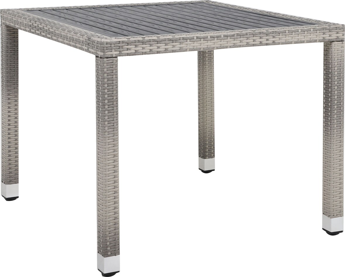 METRO Professional Mesa de comedor gastro Barbados, aluminio/ ratán PE, 90x90x74 cm,  tablero con aspecto de madera, resistente a la intemperie, gris
