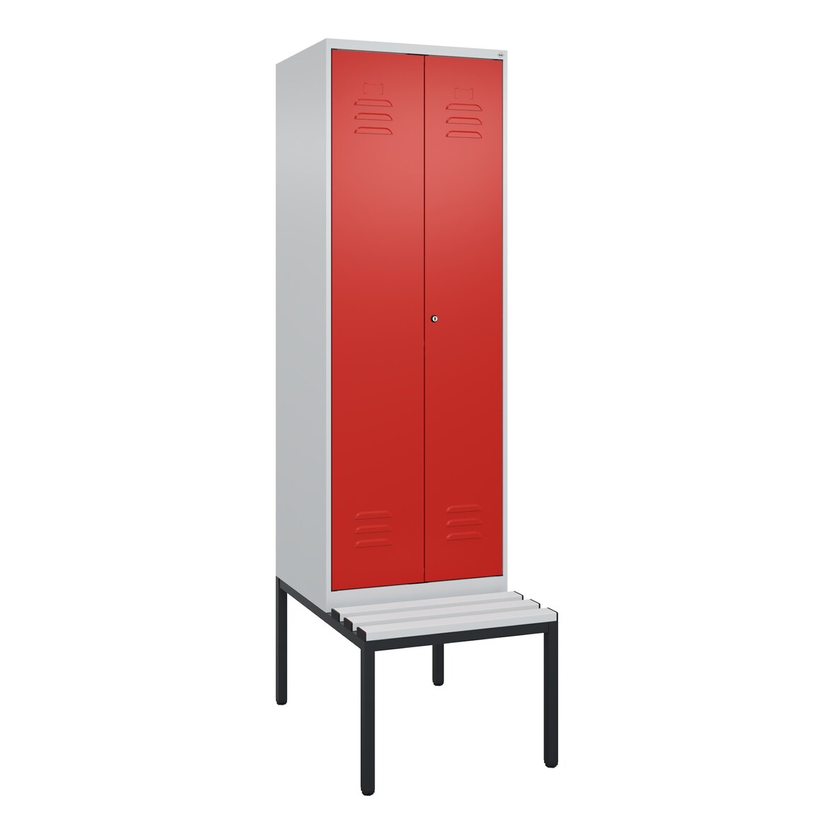 C+P Doppel-Spind Classic PLUS Kunststoff untergebaute Bank, 2 Abteile, Trennwand, HxBxT 212x60x82cm, Zylinderschloss, Hellgrau/Rot von PROREGAL