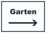 thumbnail of Garten Schild mit Text und Richtungspfeil rechts Blumen Rasen waagerecht A6 Rückseite selbstklebend
